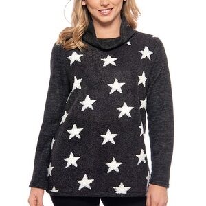 Trisha Tyler Women Charcoal Gray Star Fleece Cowl Neck Pullover Tunic Sweater XL